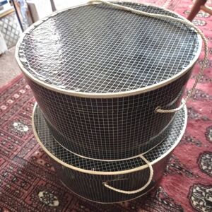 Dark Blue and White Grid Pattern Hat Boxes, Nesting Storage, Pair 2